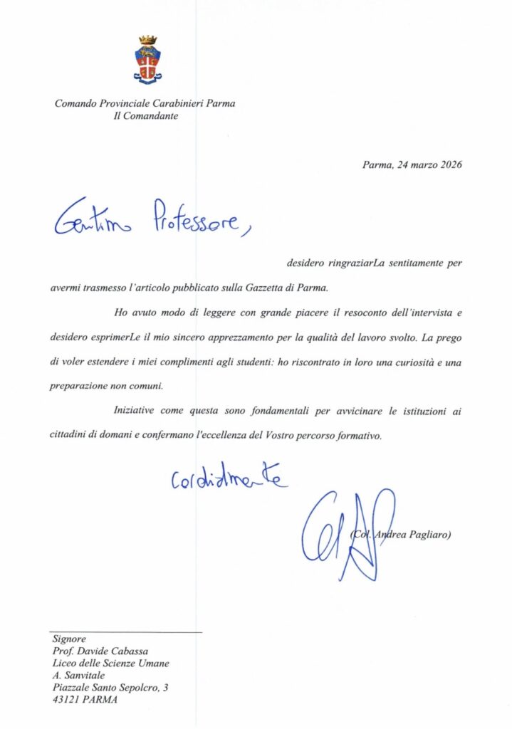 lettera ringraziamenti colonnello Pagliaro